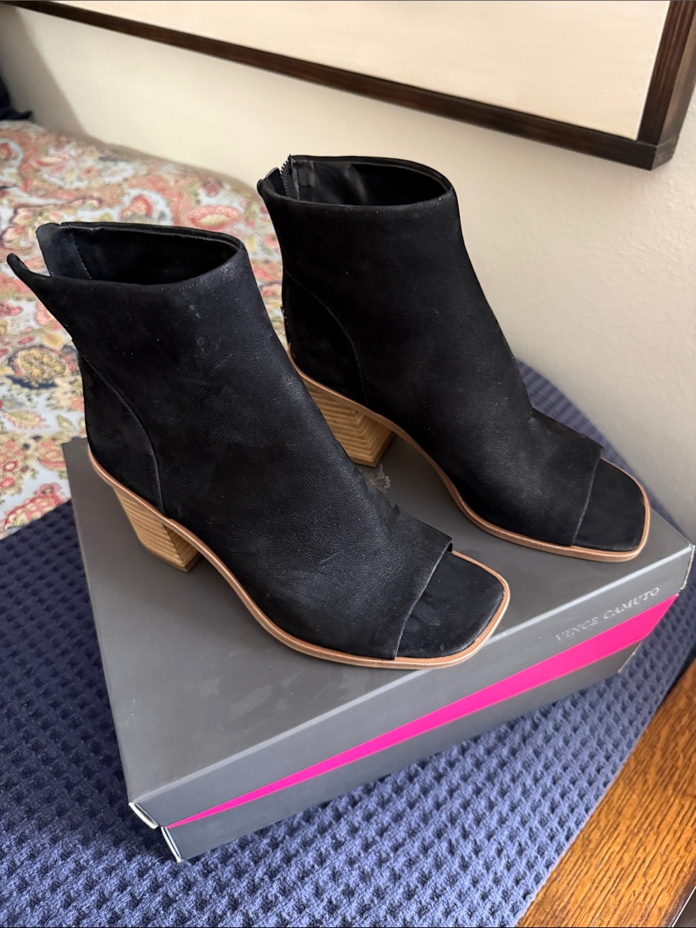 Vince Camuto Black Open-Toe Block Heel Booties